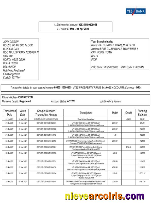 India Yes Bank statement Word and PDF, 2 pages